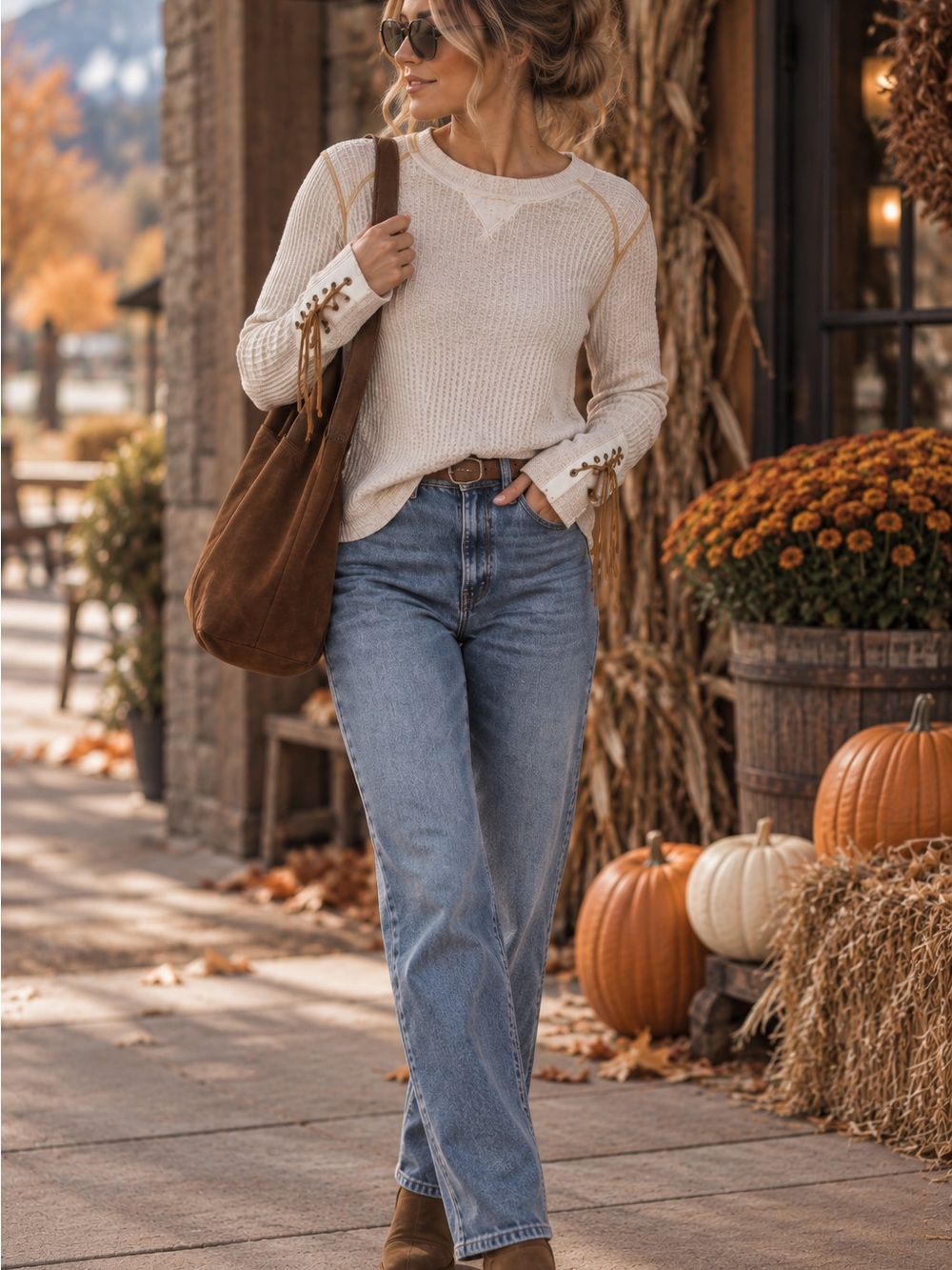 Free People Cream Knit Lace-Up Sleeve Sweater